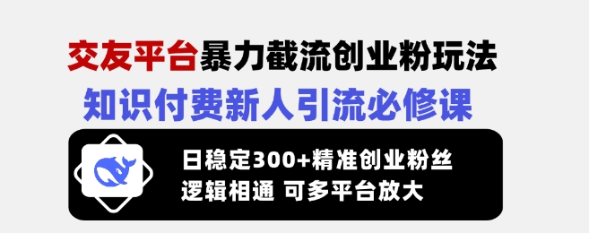 交友平台暴力截流创业粉玩法，知识付费新人引流必修课，日稳定300+精准创业粉丝，逻辑相通可多平台放大-朝夕创社